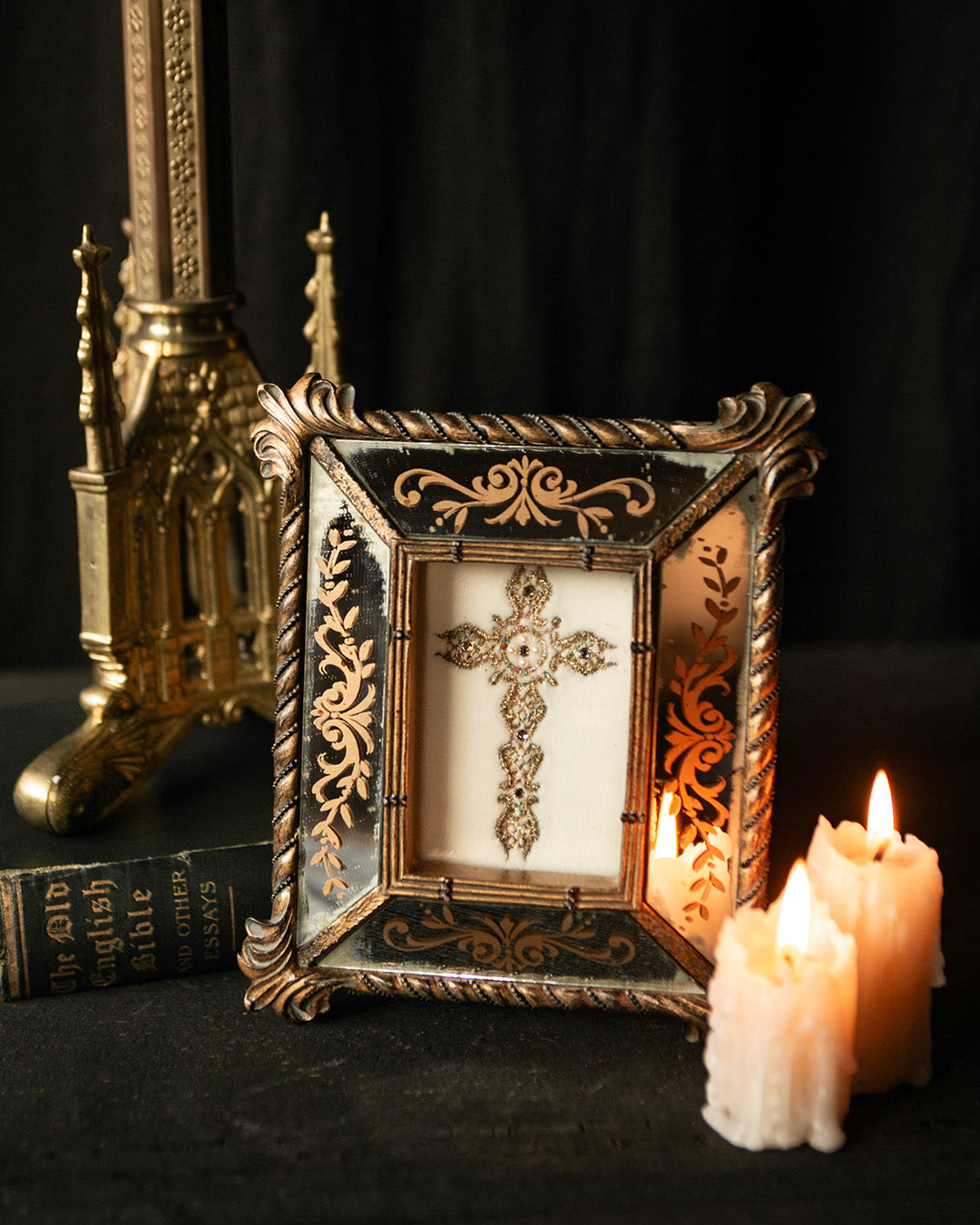 Beaded Crucifix in Vintage Frame