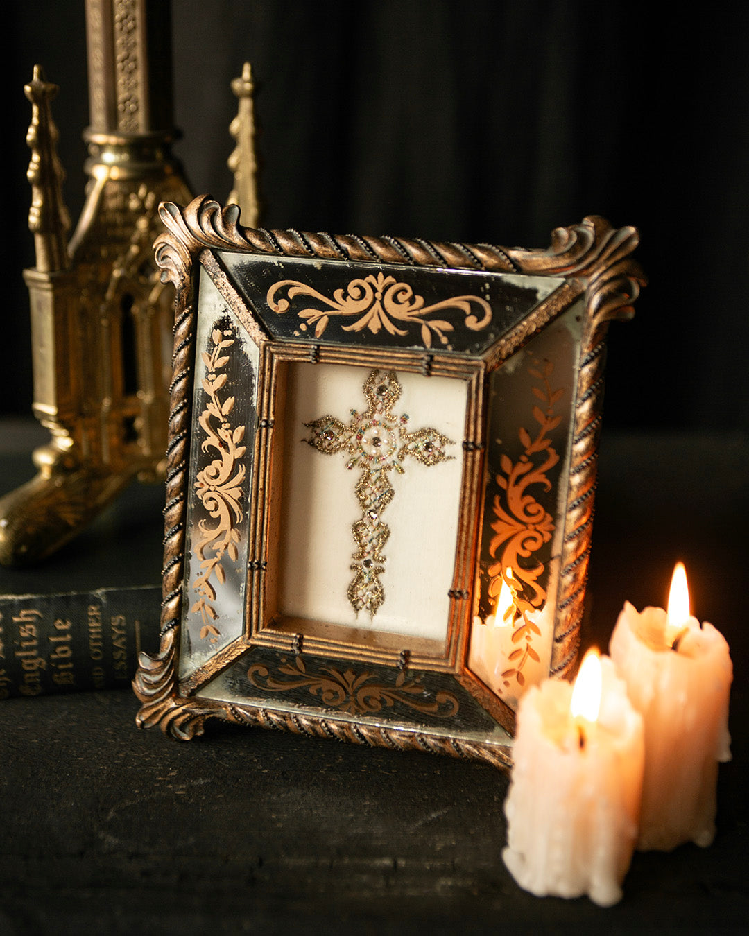 Beaded Crucifix in Vintage Frame