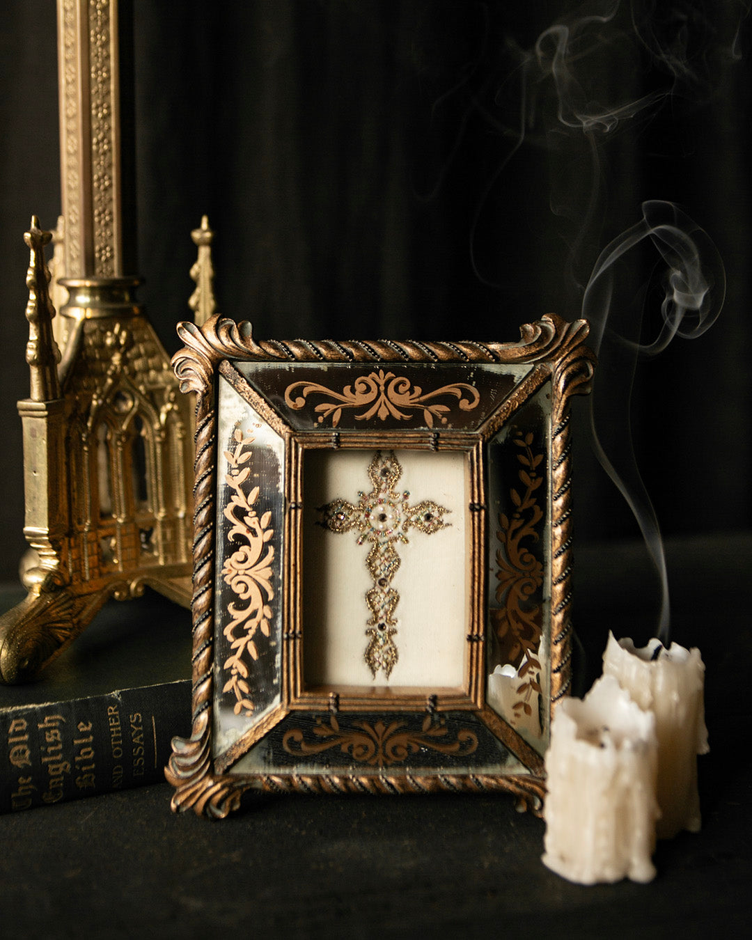 Beaded Crucifix in Vintage Frame